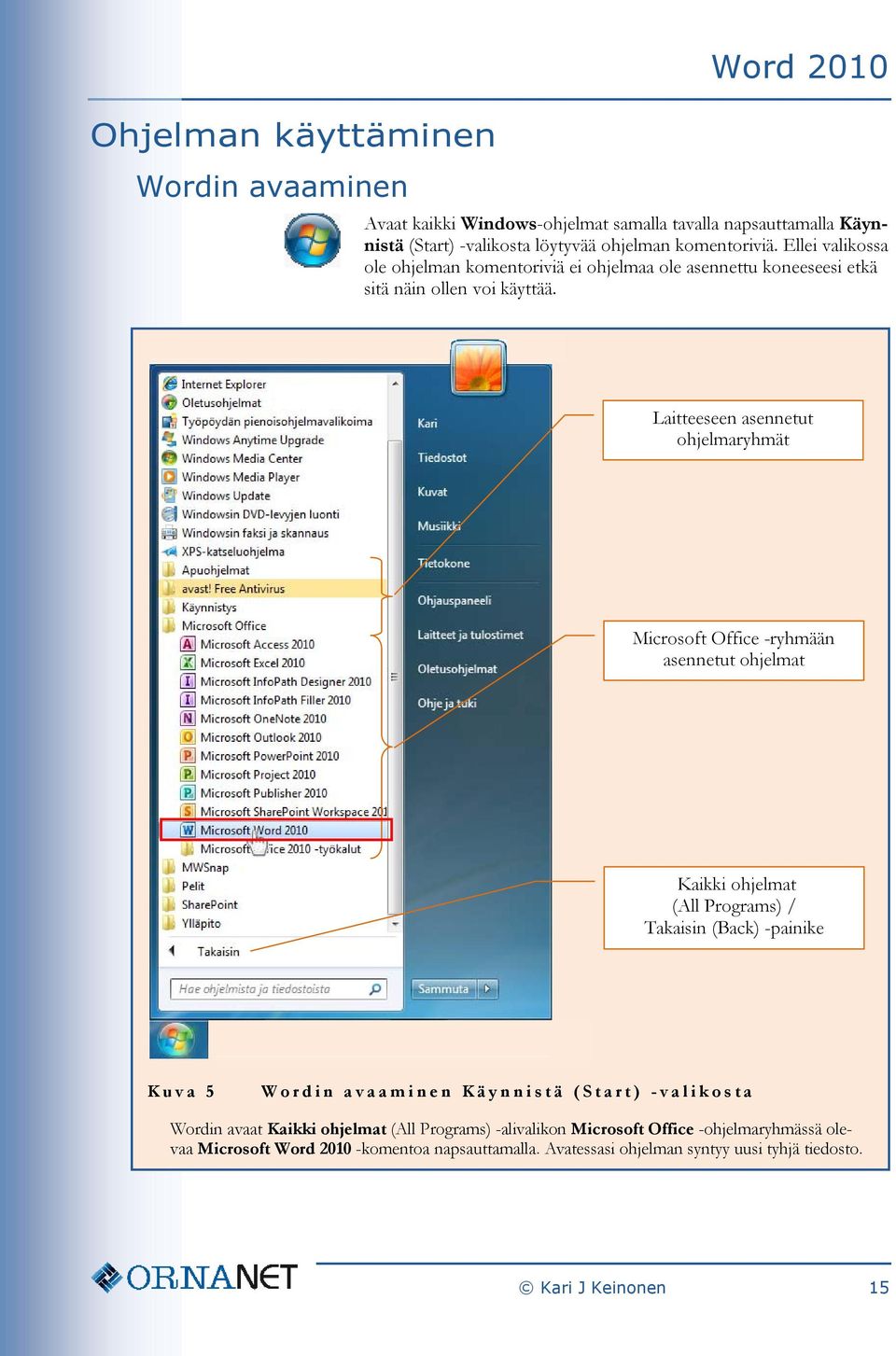 Laitteeseen asennetut ohjelmaryhmät Microsoft Office -ryhmään asennetut ohjelmat Kaikki ohjelmat (All Programs) / Takaisin (Back) -painike Kuva 5 Wordin avaaminen