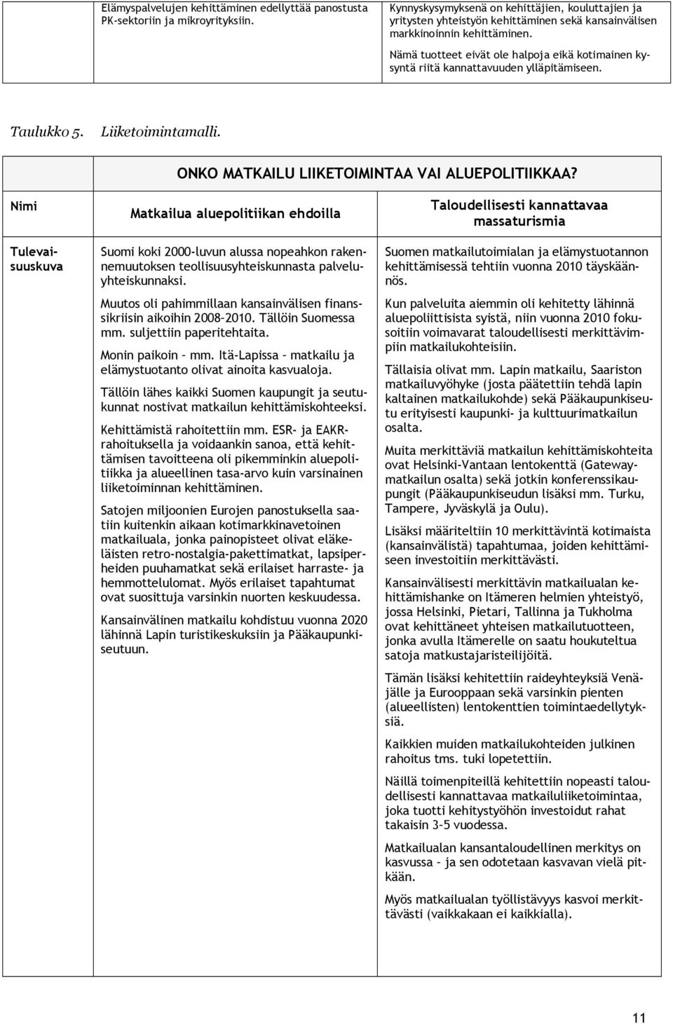 Nämä tuotteet eivät ole halpoja eikä kotimainen kysyntä riitä kannattavuuden ylläpitämiseen. Taulukko 5. Liiketoimintamalli. ONKO MATKAILU LIIKETOIMINTAA VAI ALUEPOLITIIKKAA?