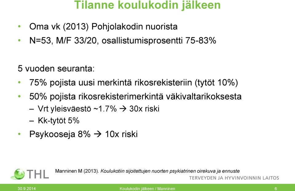 väkivaltarikoksesta Vrt yleisväestö ~1.7% 30x riski Kk-tytöt 5% Psykooseja 8% 10x riski Manninen M (2013).