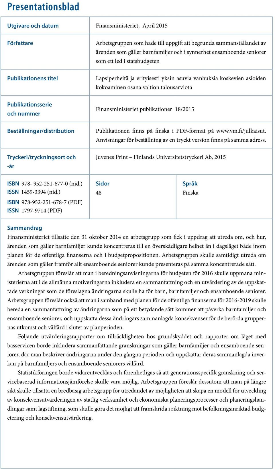 och nummer Finansministeriet publikationer 18/2015 Beställningar/distribution Publikationen finns på finska i PDF-format på www.vm.fi/julkaisut.