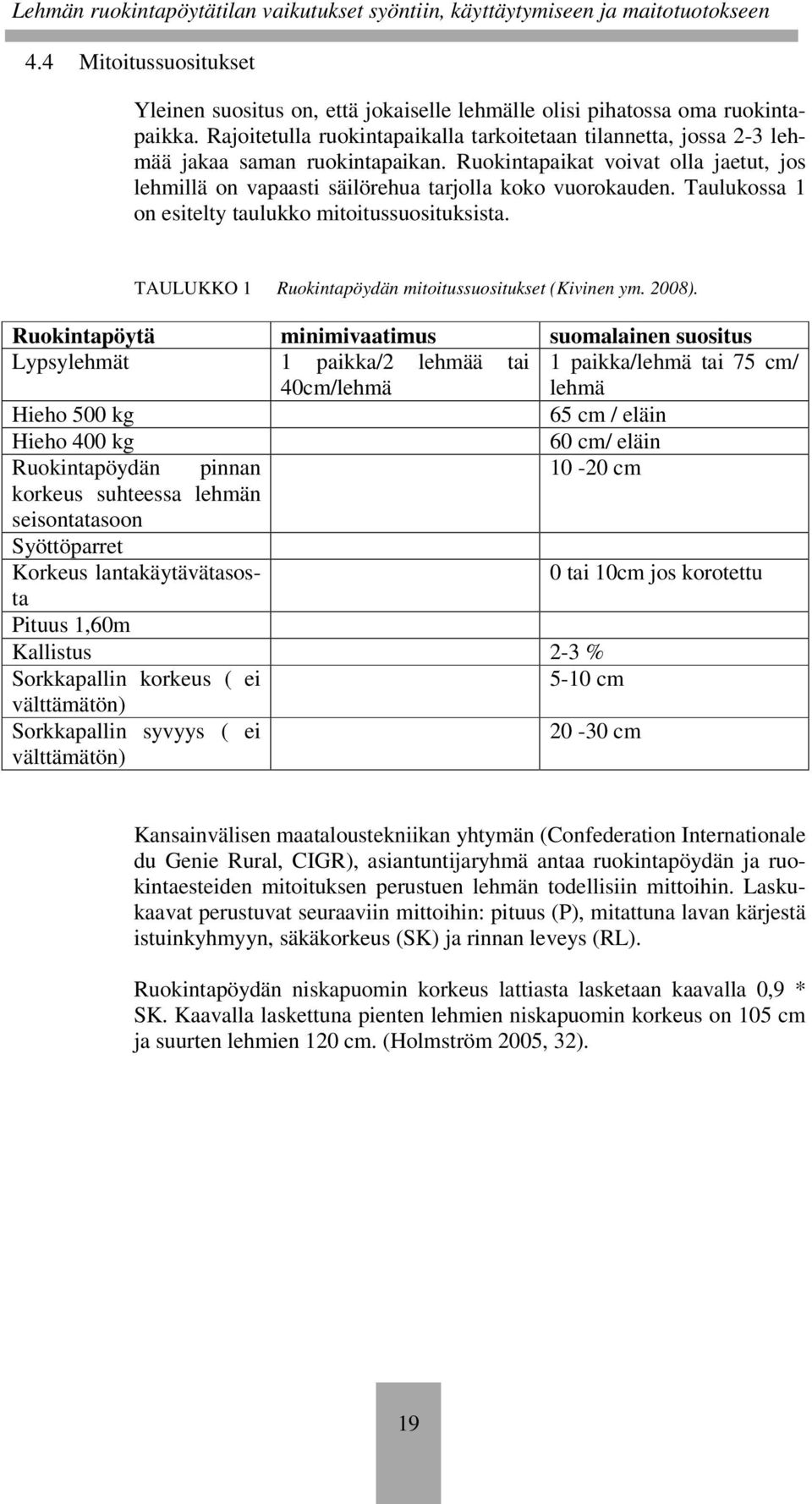 Taulukossa 1 on esitelty taulukko mitoitussuosituksista. TAULUKKO 1 Ruokintapöydän mitoitussuositukset (Kivinen ym. 2008).