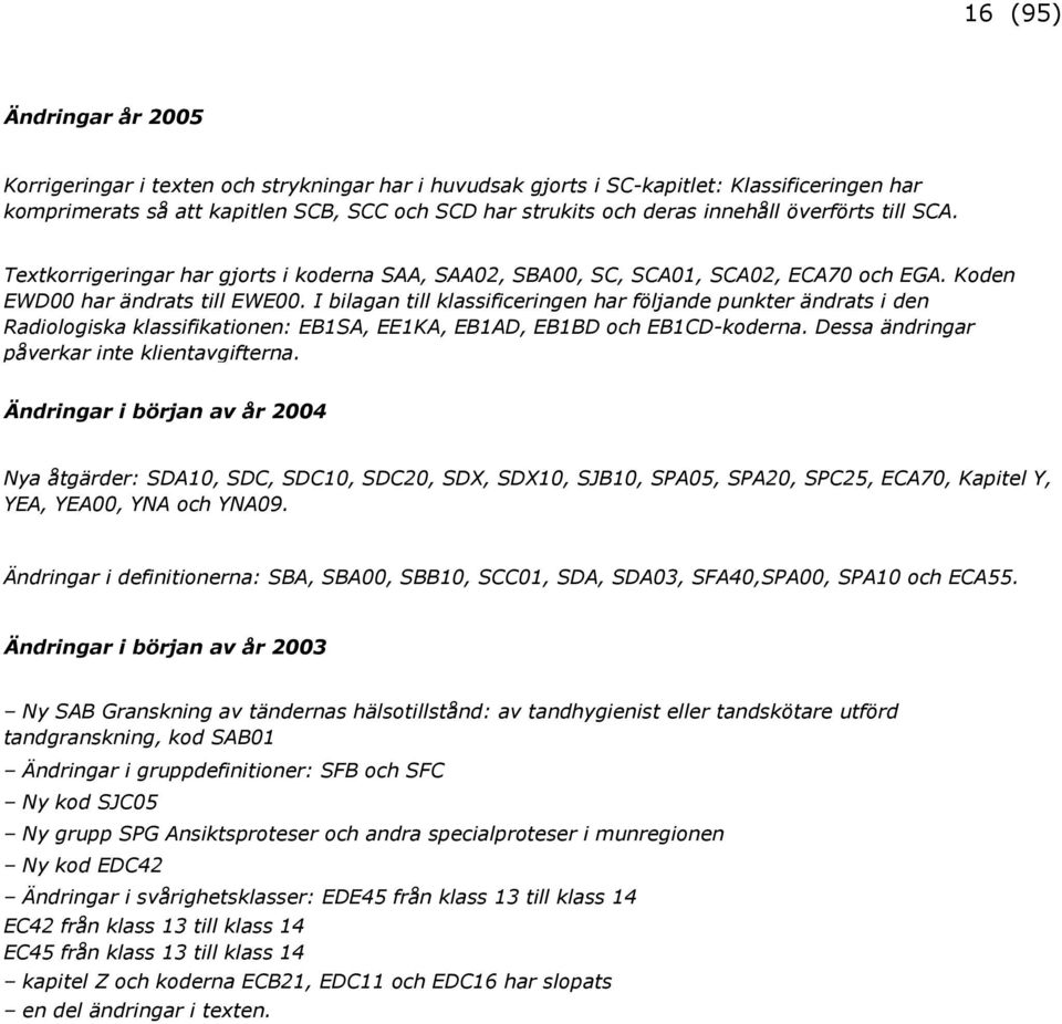 I bilagan till klassificeringen har följande punkter ändrats i den Radiologiska klassifikationen: EB1SA, EE1KA, EB1AD, EB1BD och EB1CD-koderna. Dessa ändringar påverkar inte klientavgifterna.