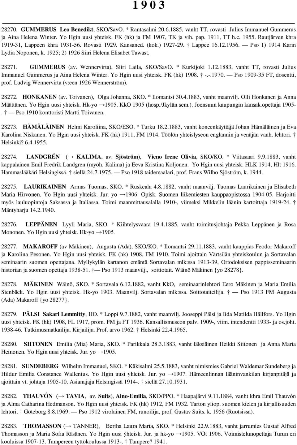 28271. GUMMERUS (av. Wennervirta), Siiri Laila, SKO/SavO. * Kurkijoki 1.12.1883, vanht TT, rovasti Julius Immanuel Gummerus ja Aina Helena Winter. Yo Hgin uusi yhteisk. FK (hk) 1908. -.-.1970.