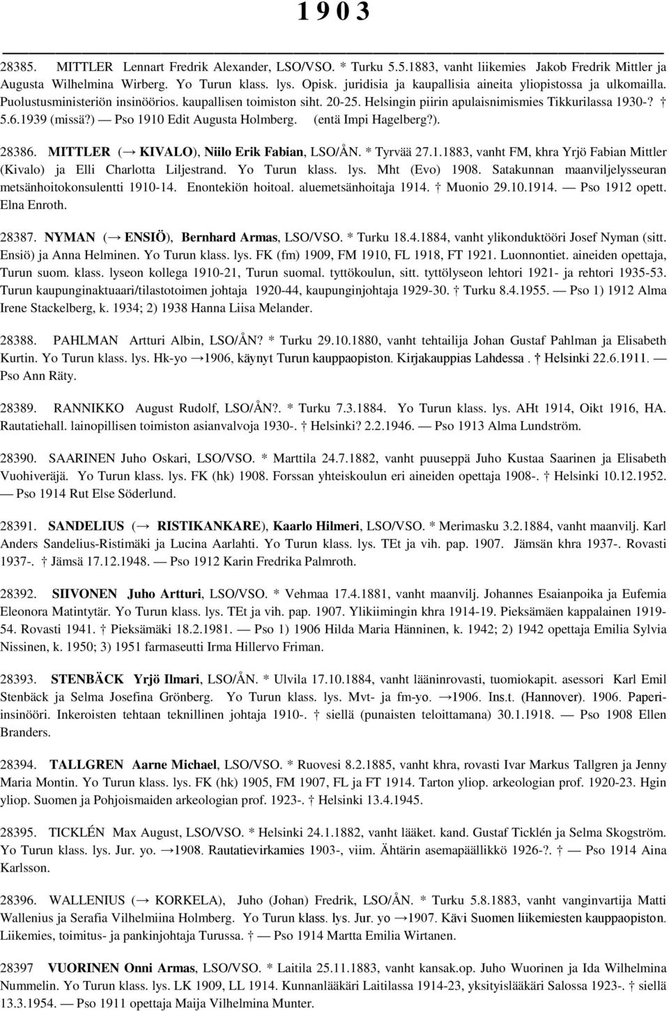 ) Pso 1910 Edit Augusta Holmberg. (entä Impi Hagelberg?). 28386. MITTLER ( KIVALO), Niilo Erik Fabian, LSO/ÅN. * Tyrvää 27.1.1883, vanht FM, khra Yrjö Fabian Mittler (Kivalo) ja Elli Charlotta Liljestrand.