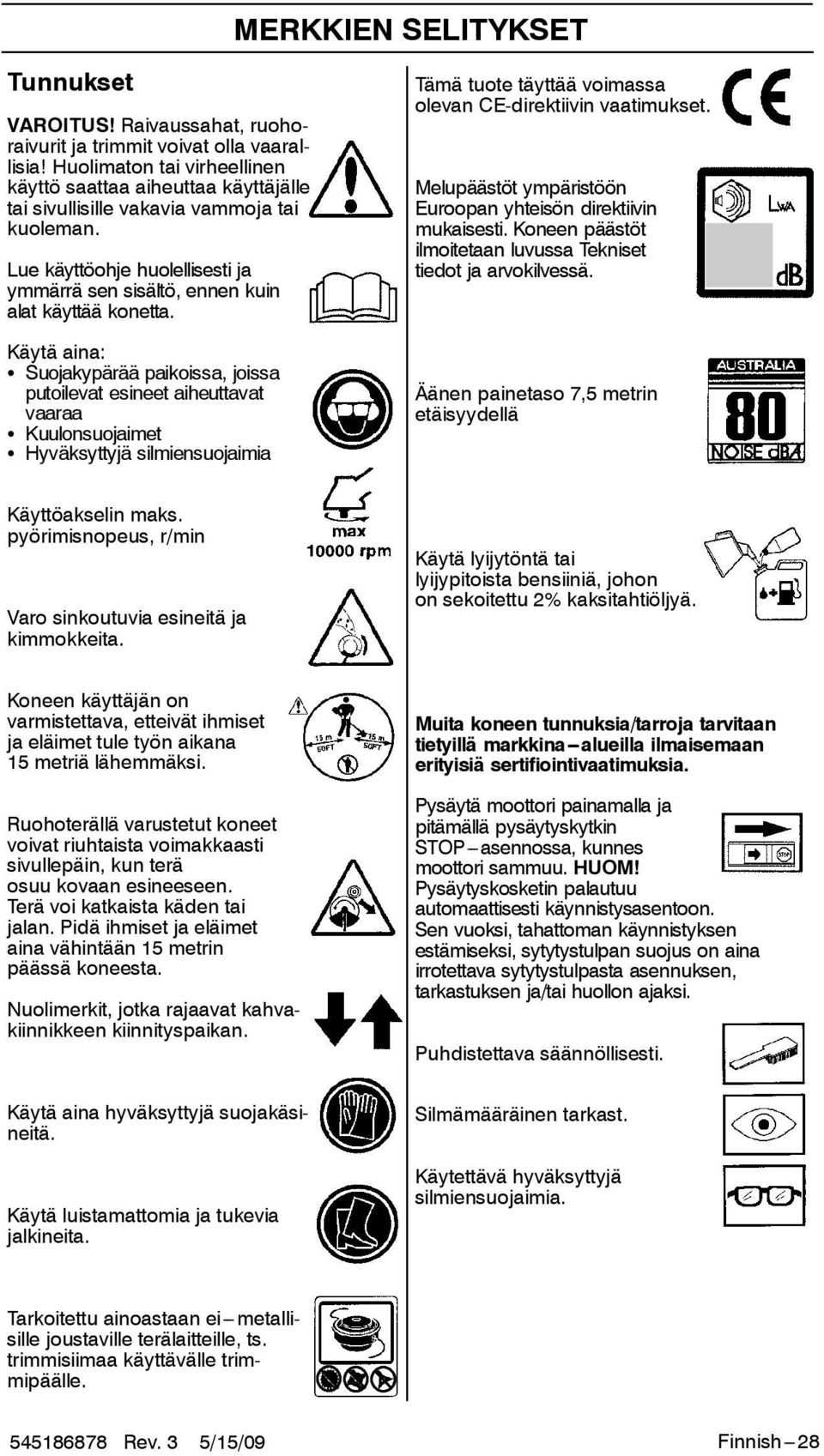 Käytä aina: S Suojakypärää paikoissa, joissa putoilevat esineet aiheuttavat vaaraa S Kuulonsuojaimet S Hyväksyttyjä silmiensuojaimia Tämä tuote täyttää voimassa olevan CE-direktiivin vaatimukset.