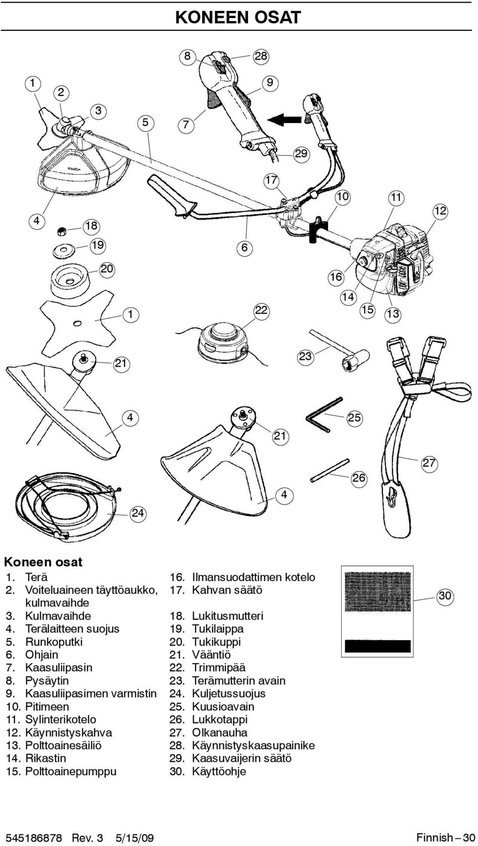 Vääntiö 7. Kaasuliipasin 22. Trimmipää 8. Pysäytin 23. Terämutterin avain 9. Kaasuliipasimen varmistin 24. Kuljetussuojus 10. Pitimeen 25. Kuusioavain 11.