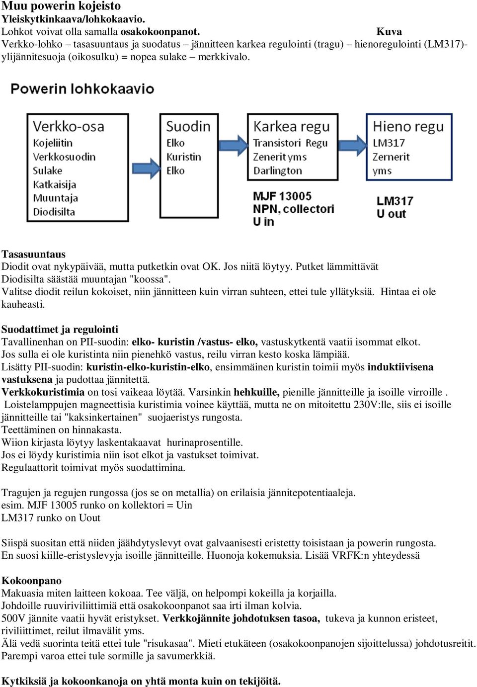 Tasasuuntaus Diodit ovat nykypäivää, mutta putketkin ovat OK. Jos niitä löytyy. Putket lämmittävät Diodisilta säästää muuntajan "koossa".