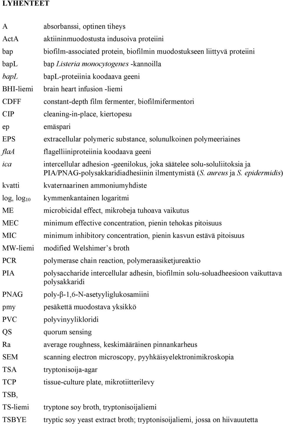 cleaning-in-place, kiertopesu emäspari extracellular polymeric substance, solunulkoinen polymeeriaines flagelliiniproteiinia koodaava geeni intercellular adhesion -geenilokus, joka säätelee