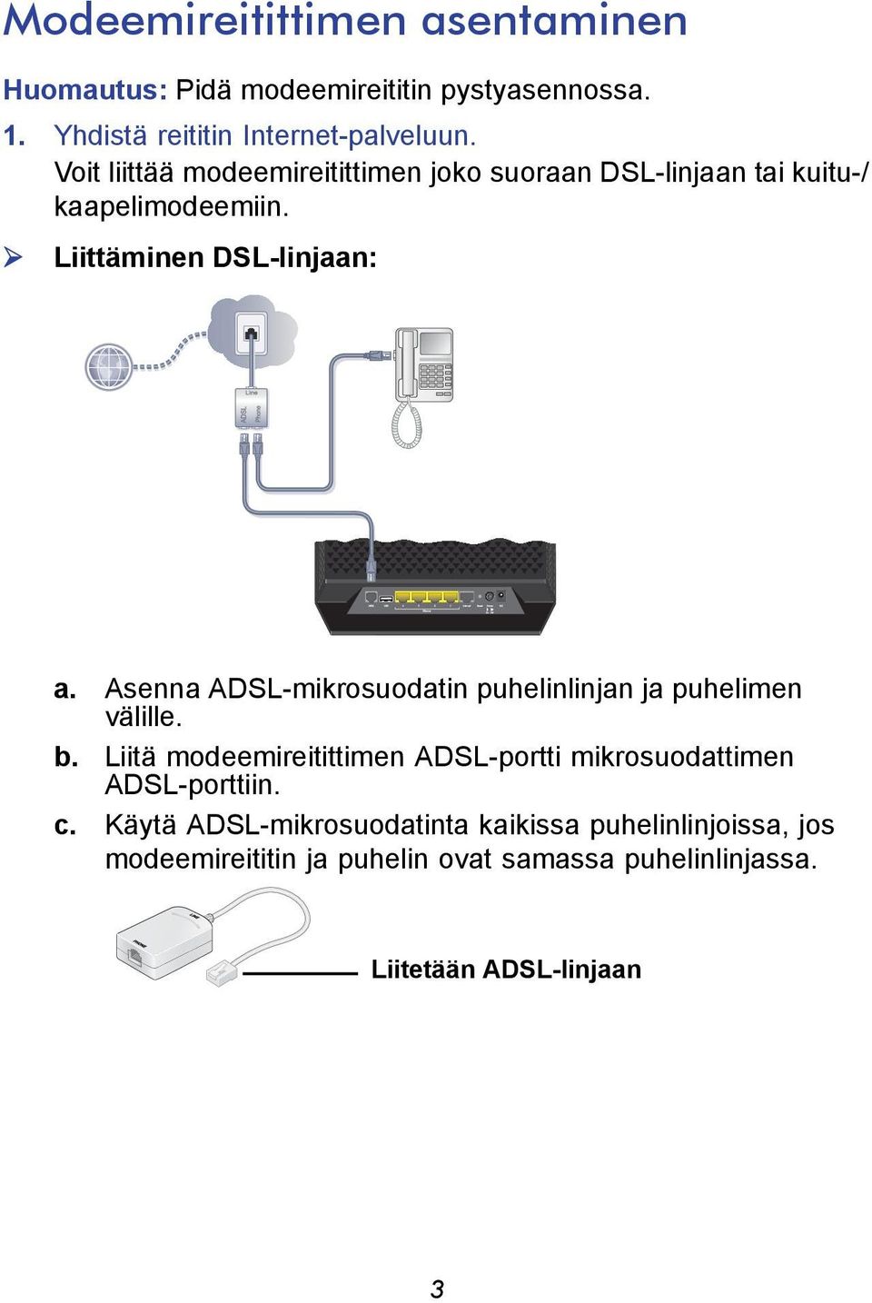 Asenna ADSL-mikrosuodatin puhelinlinjan ja puhelimen välille. b.