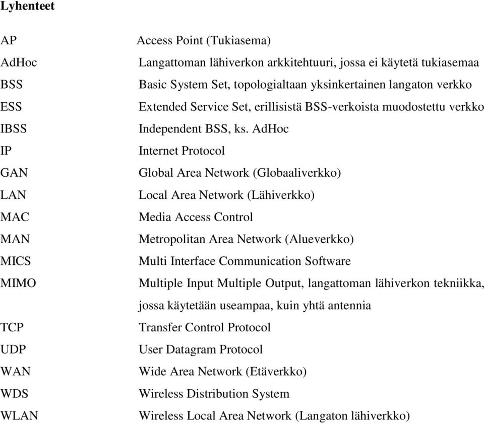 AdHoc Internet Protocol Global Area Network (Globaaliverkko) Local Area Network (Lähiverkko) Media Access Control Metropolitan Area Network (Alueverkko) Multi Interface Communication Software