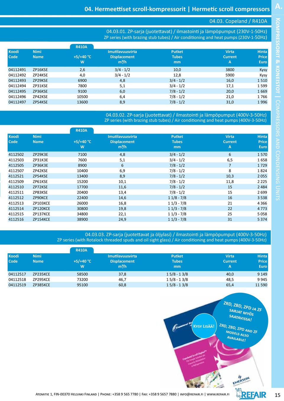 3/4-1/2 17,1 1 599 04112495 ZP36KSE 9100 6,0 7/8-1/2 20,0 1 669 04112496 ZP42KSE 10500 6,4 7/8-1/2 21,0 1 766 04112497 ZP54KSE 13600 8,9 7/8-1/2 31,0 1 996 R410A +5/+40 C 04.03.01.
