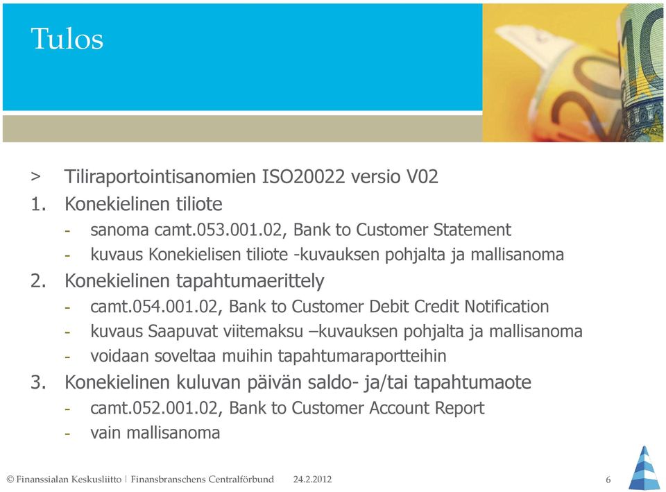 02, Bank to Customer Debit Credit Notification - kuvaus Saapuvat viitemaksu kuvauksen pohjalta ja mallisanoma - voidaan soveltaa muihin