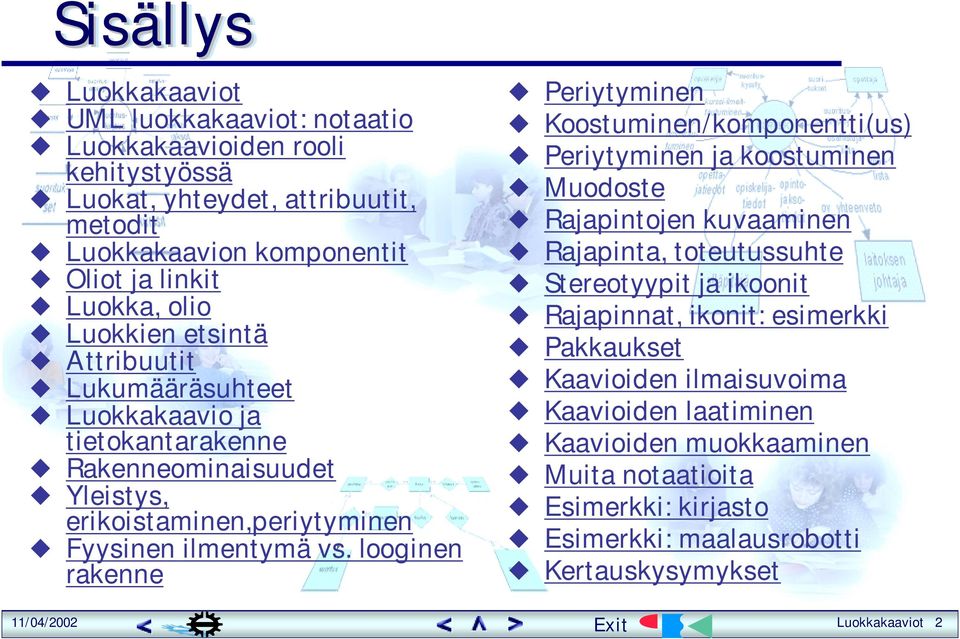 looginen rakenne Periytyminen Koostuminen/komponentti(us) Periytyminen ja koostuminen Muodoste Rajapintojen kuvaaminen Rajapinta, toteutussuhte Stereotyypit ja ikoonit Rajapinnat,