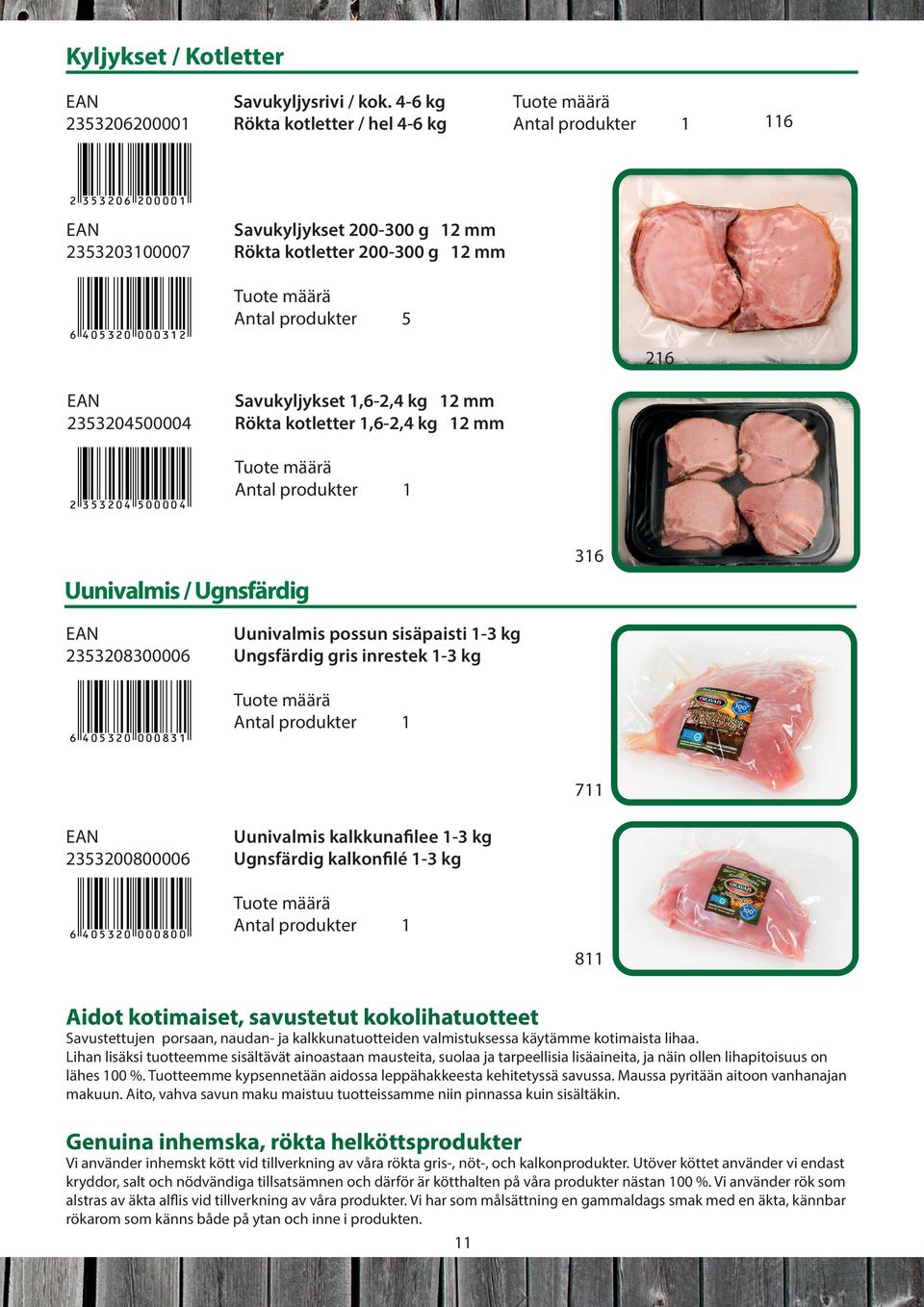 Rökta kotletter,6-2,4 kg 2 mm 36 Uunivalmis / Ugnsfärdig 233208300006 Uunivalmis possun sisäpaisti -3 kg Ungsfärdig gris inrestek -3 kg 6 40320 00083 7 233200800006 Uunivalmis kalkkunafilee -3 kg