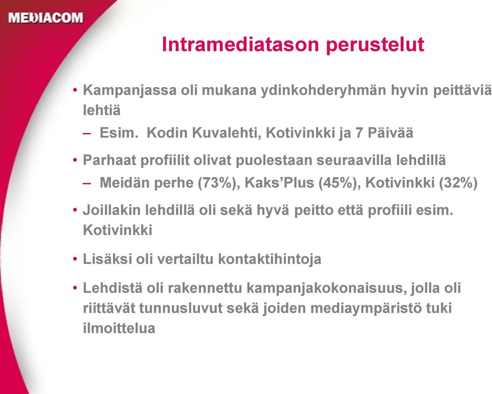 Kaks Plus (45%), Kotivinkki (32%) Joillakin lehdillä oli sekä hyvä peitto että profiili esim.