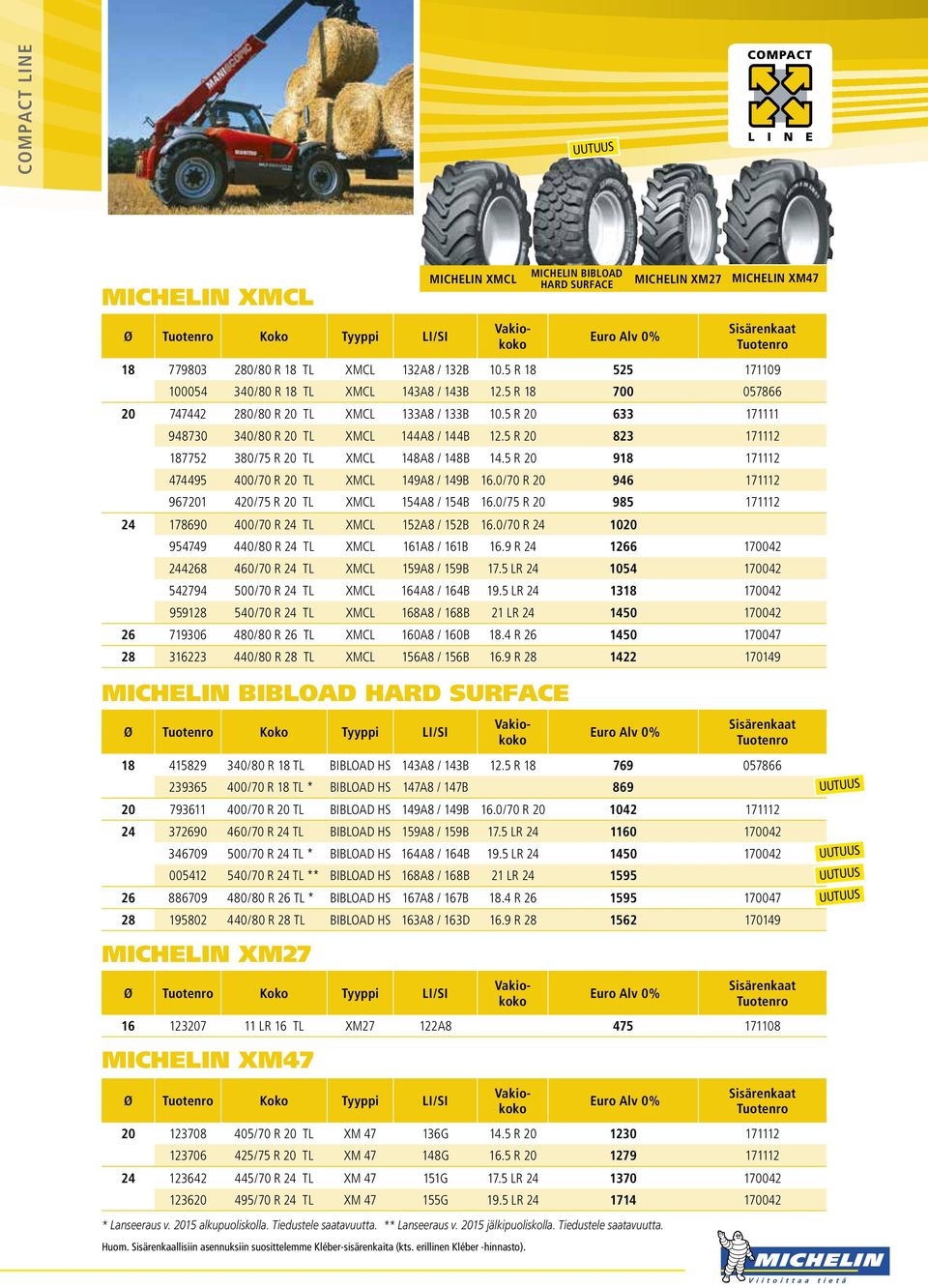 5 R 20 823 171112 187752 380/75 R 20 TL XMCL 148A8 / 148B 14.5 R 20 918 171112 474495 400/70 R 20 TL XMCL 149A8 / 149B 16.0/70 R 20 946 171112 967201 420/75 R 20 TL XMCL 154A8 / 154B 16.