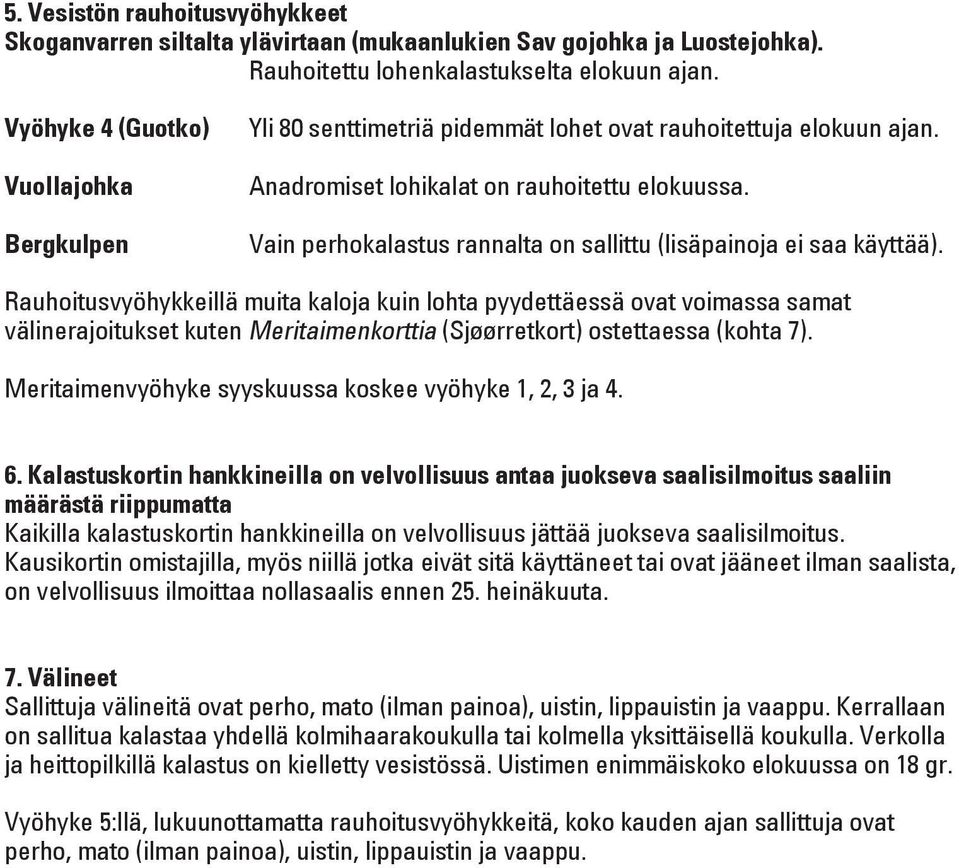 Vain perhokalastus rannalta on sallittu (lisäpainoja ei saa käyttää).