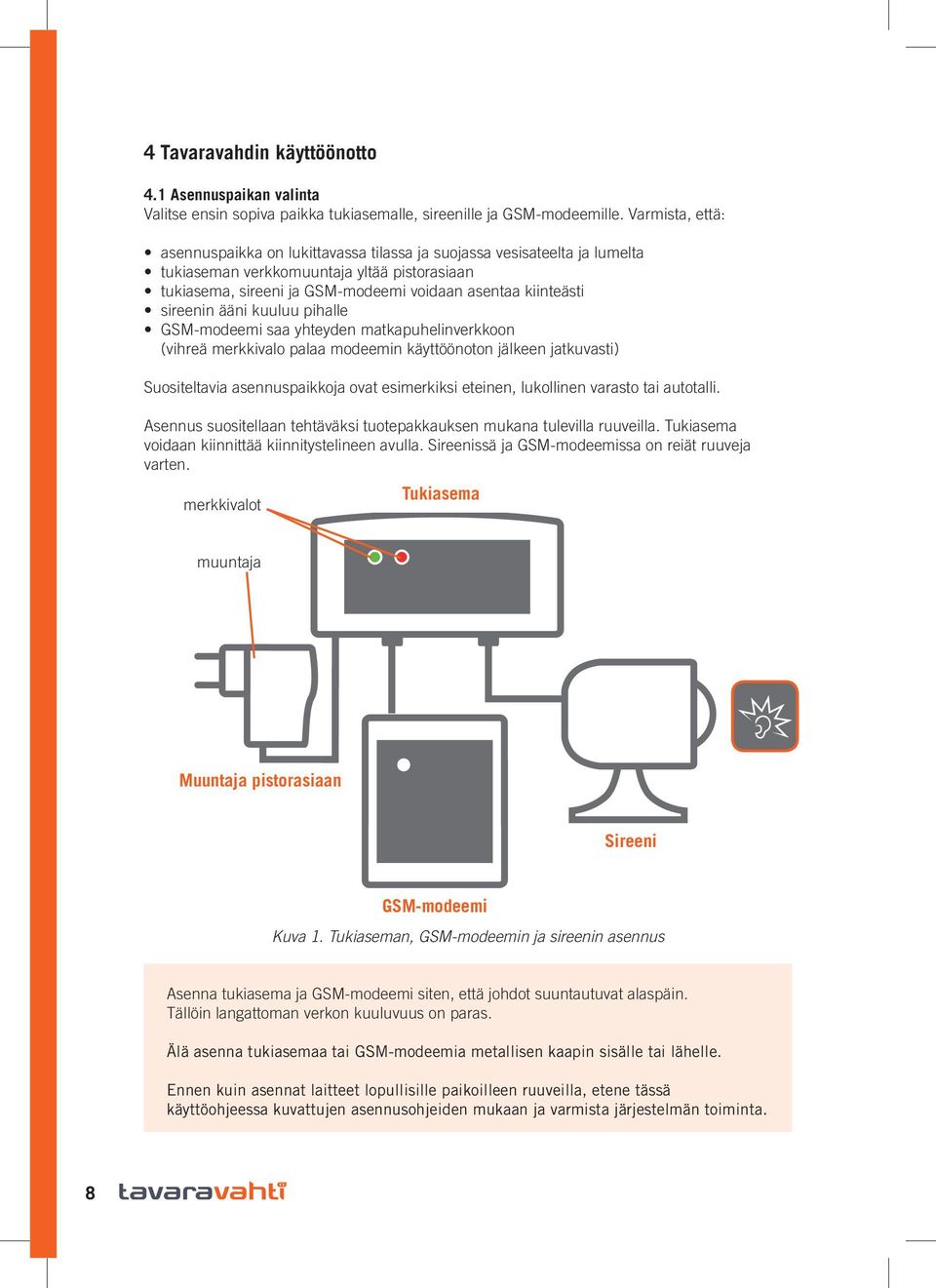 sireenin ääni kuuluu pihalle GSM-modeemi saa yhteyden matkapuhelinverkkoon (vihreä merkkivalo palaa modeemin käyttöönoton jälkeen jatkuvasti) Suositeltavia asennuspaikkoja ovat esimerkiksi eteinen,