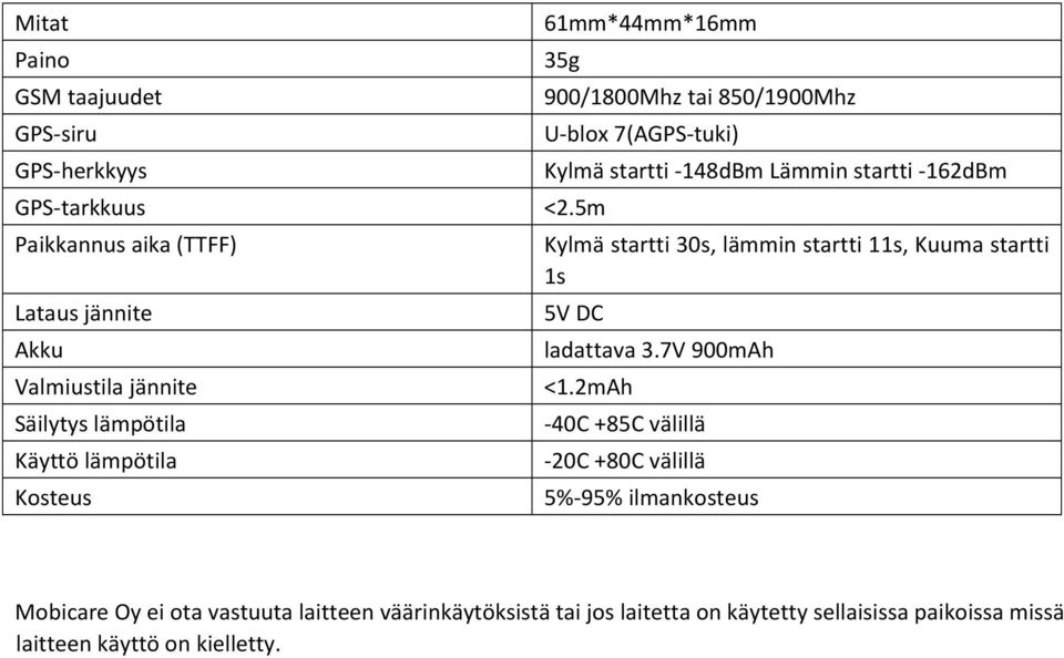 5m Kylmä startti 30s, lämmin startti 11s, Kuuma startti 1s 5V DC ladattava 3.7V 900mAh <1.