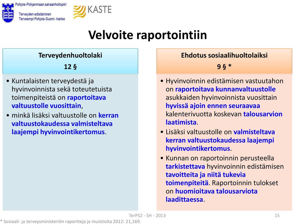 Ehdotus sosiaalihuoltolaiksi 9 * Hyvinvoinnin edistämisen vastuutahon on raportoitava kunnanvaltuustolle asukkaiden hyvinvoinnista vuosittain hyvissä ajoin ennen seuraavaa kalenterivuotta koskevan