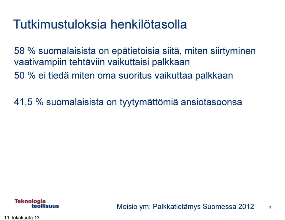50 % ei tiedä miten oma suoritus vaikuttaa palkkaan 41,5 %