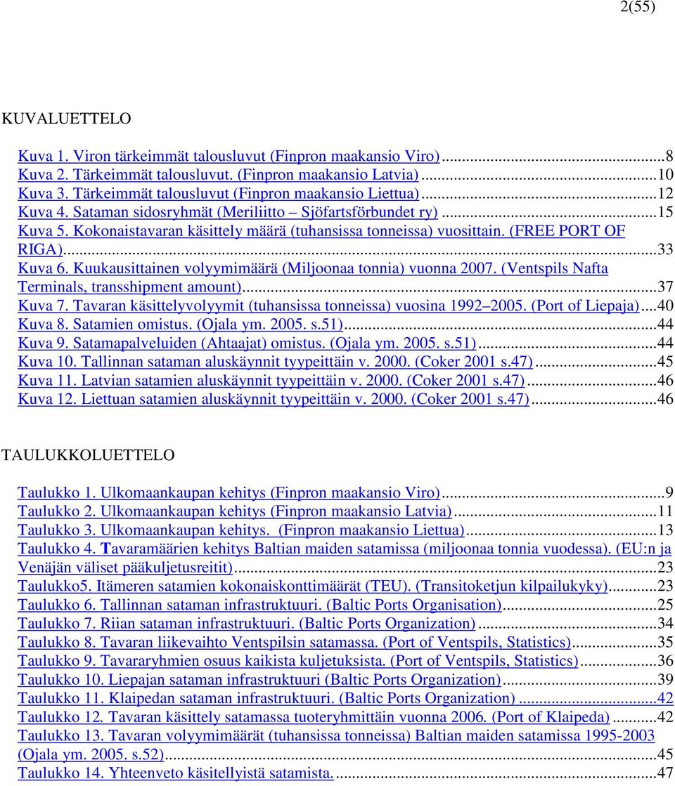 (FREE PORT OF RIGA)...33 Kuva 6. Kuukausittainen volyymimäärä (Miljoonaa tonnia) vuonna 2007. (Ventspils Nafta Terminals, transshipment amount)...37 Kuva 7.