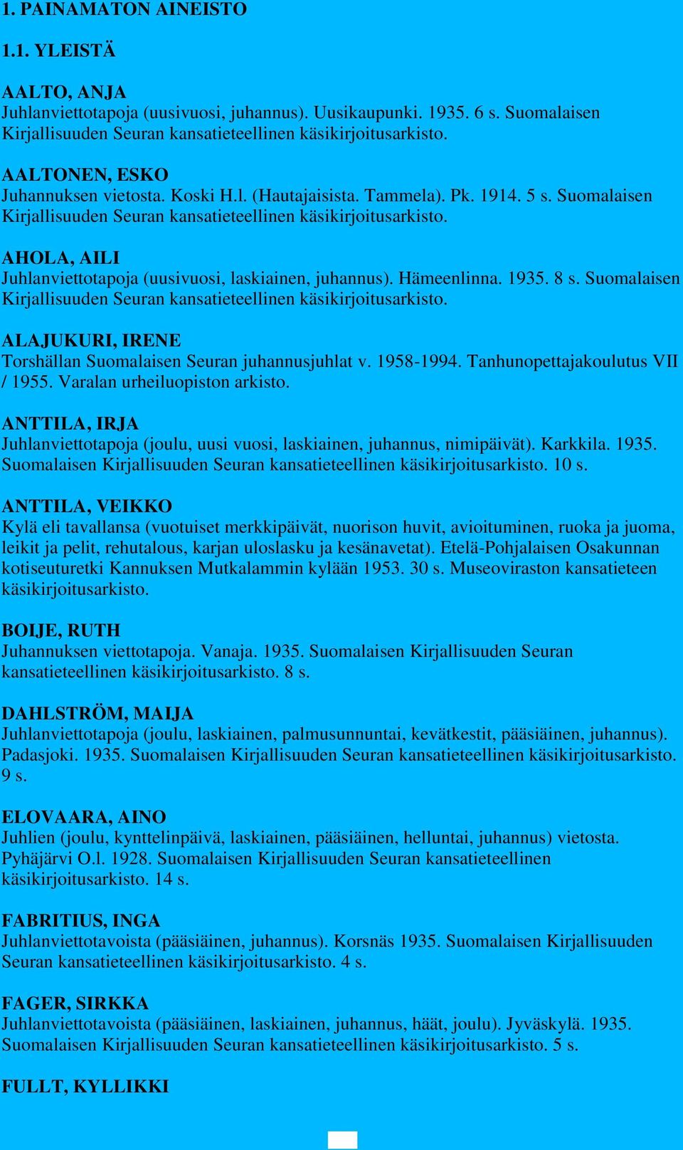 AHOLA, AILI Juhlanviettotapoja (uusivuosi, laskiainen, juhannus). Hämeenlinna. 1935. 8 s. Suomalaisen Kirjallisuuden Seuran kansatieteellinen käsikirjoitusarkisto.