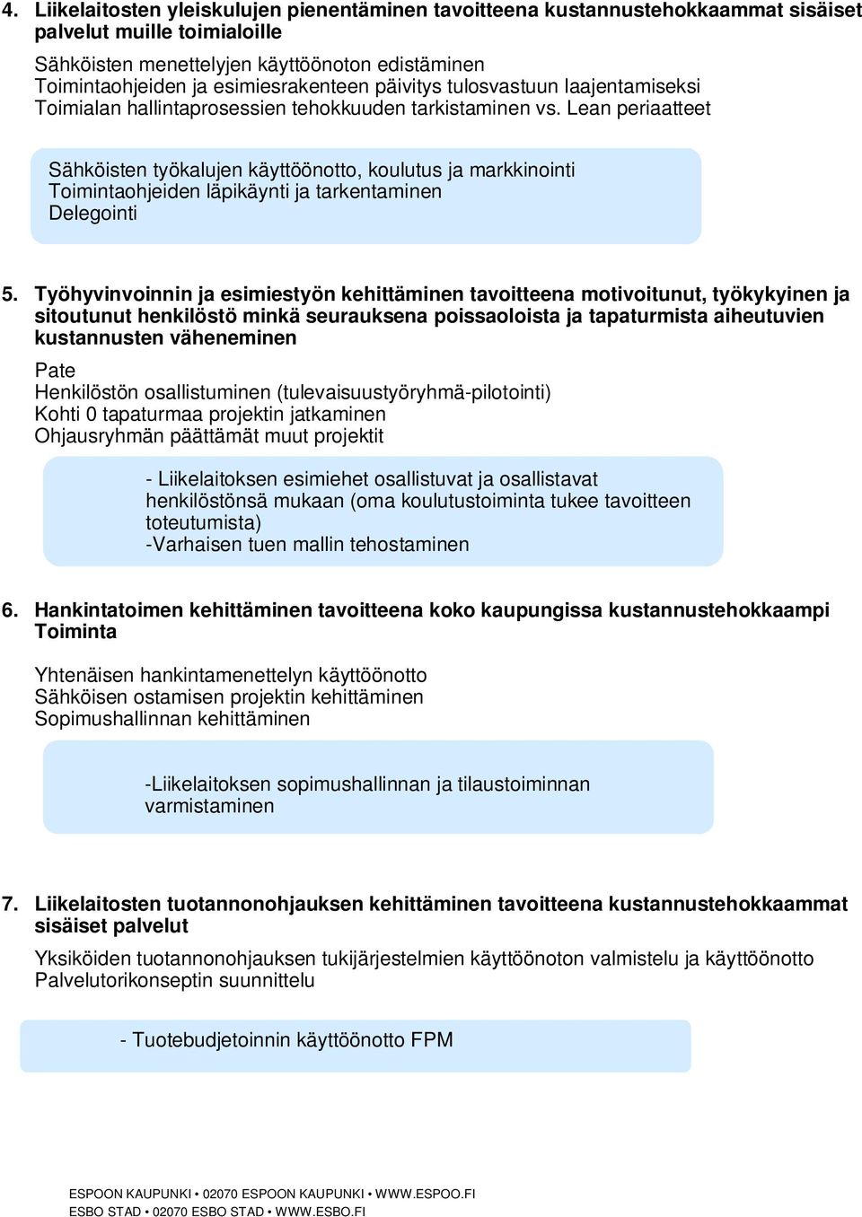 Lean periaatteet Sähköisten työkalujen käyttöönotto, koulutus ja markkinointi Toimintaohjeiden läpikäynti ja tarkentaminen Delegointi 5.