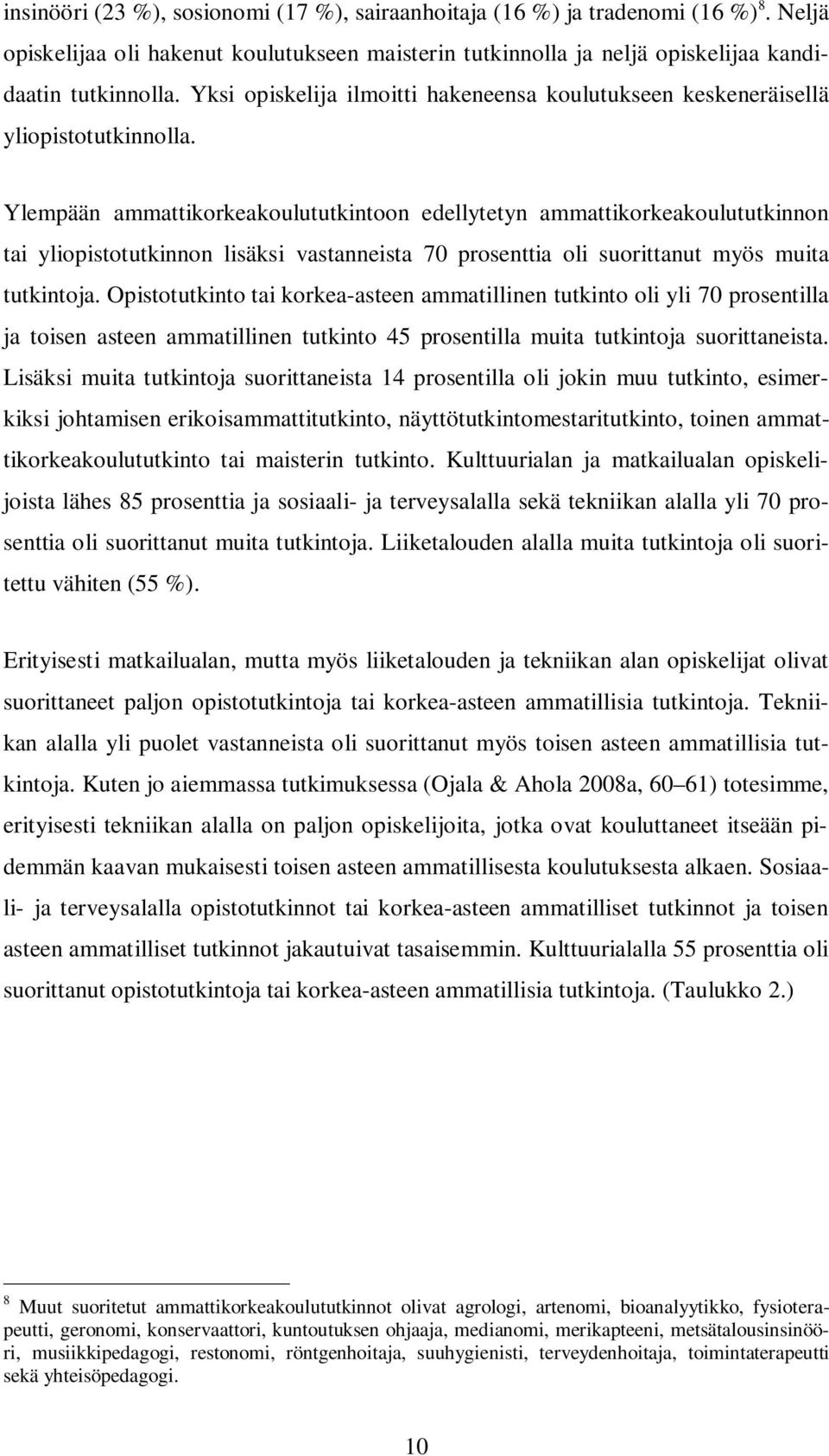 Ylempään ammattikorkeakoulututkintoon edellytetyn ammattikorkeakoulututkinnon tai yliopistotutkinnon lisäksi vastanneista 70 prosenttia oli suorittanut myös muita tutkintoja.