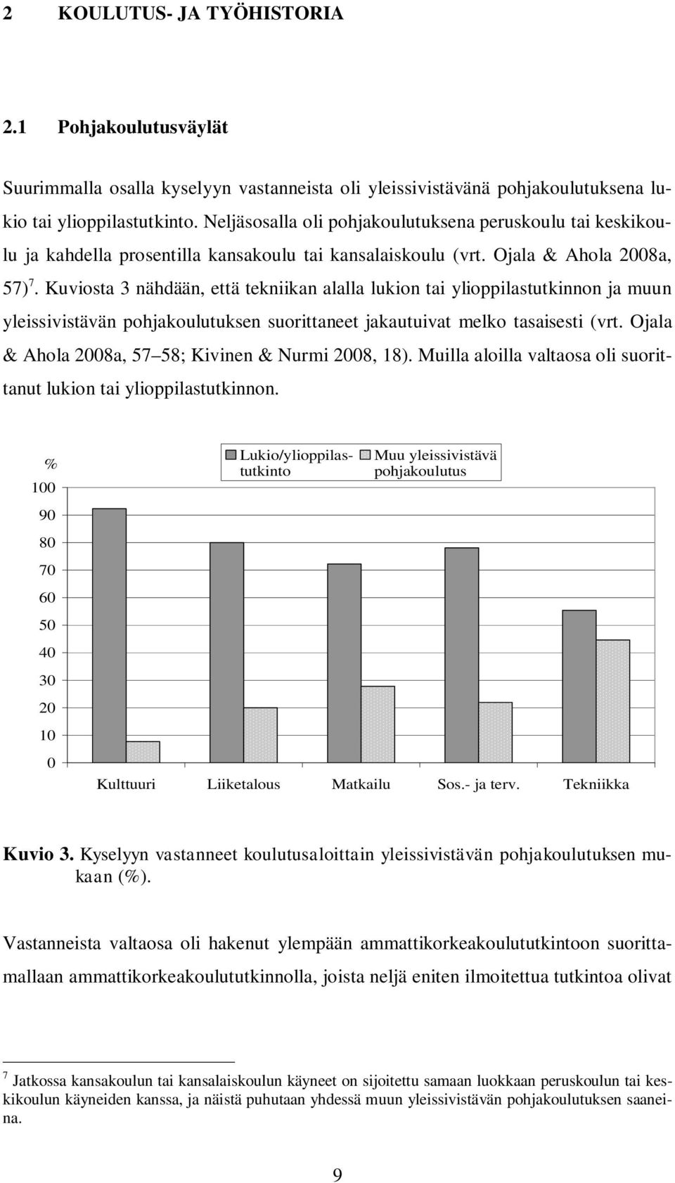 Kuviosta 3 nähdään, että tekniikan alalla lukion tai ylioppilastutkinnon ja muun yleissivistävän pohjakoulutuksen suorittaneet jakautuivat melko tasaisesti (vrt.