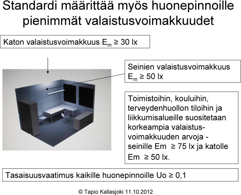 kouluihin, terveydenhuollon tiloihin ja liikkumisalueille suositetaan korkeampia