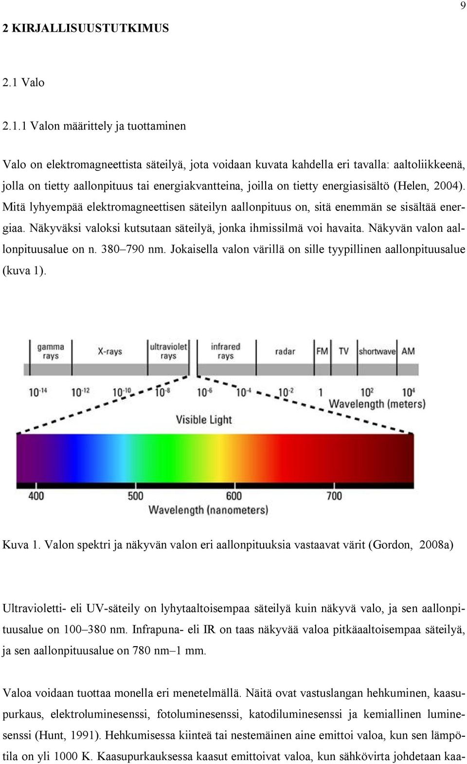 1 Valon määrittely ja tuottaminen Valo on elektromagneettista säteilyä, jota voidaan kuvata kahdella eri tavalla: aaltoliikkeenä, jolla on tietty aallonpituus tai energiakvantteina, joilla on tietty