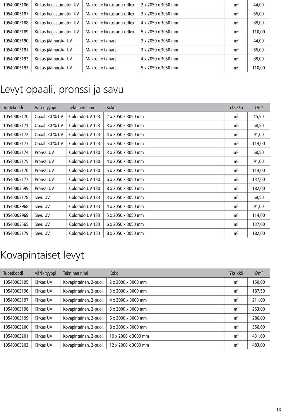 jäämurska UV Makrolife txmart 2 x 2050 x 3050 mm m 2 44,00 10540003191 Kirkas jäämurska UV Makrolife txmart 3 x 2050 x 3050 mm m 2 66,00 10540003192 Kirkas jäämurska UV Makrolife txmart 4 x 2050 x