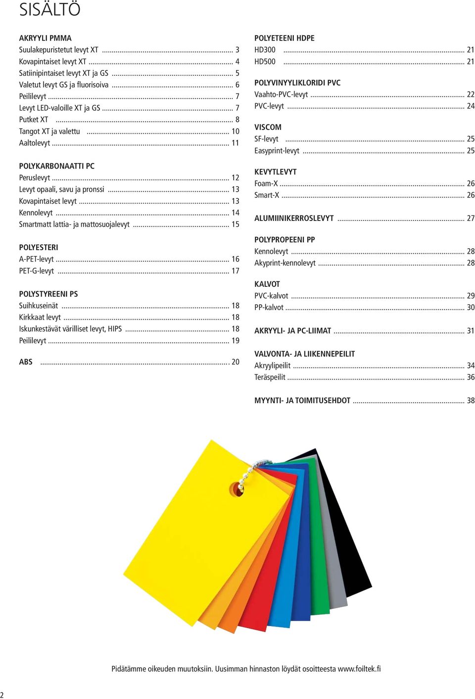 .. 14 Smartmatt lattia- ja mattosuojalevyt... 15 POLYESTERI A-PET-levyt... 16 PET-G-levyt... 17 POLYSTYREENI PS Suihkuseinät... 18 Kirkkaat levyt... 18 Iskunkestävät värilliset levyt, HIPS.