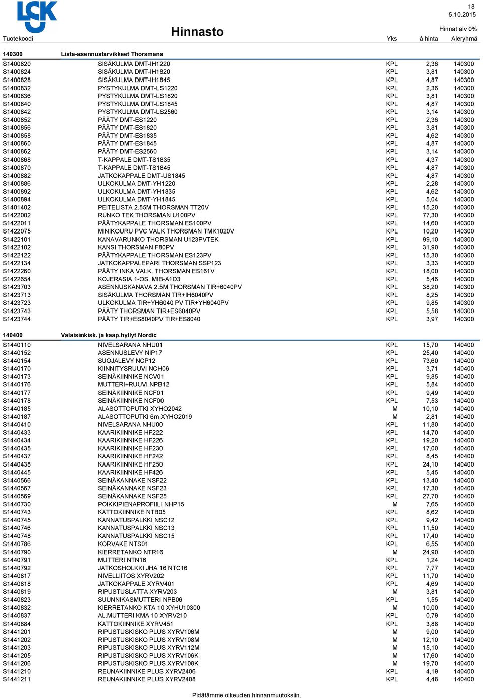 140300 S1400858 PÄÄTY DT-ES1835 4,62 140300 S1400860 PÄÄTY DT-ES1845 4,87 140300 S1400862 PÄÄTY DT-ES2560 3,14 140300 S1400868 T-KAPPALE DT-TS1835 4,37 140300 S1400870 T-KAPPALE DT-TS1845 4,87 140300