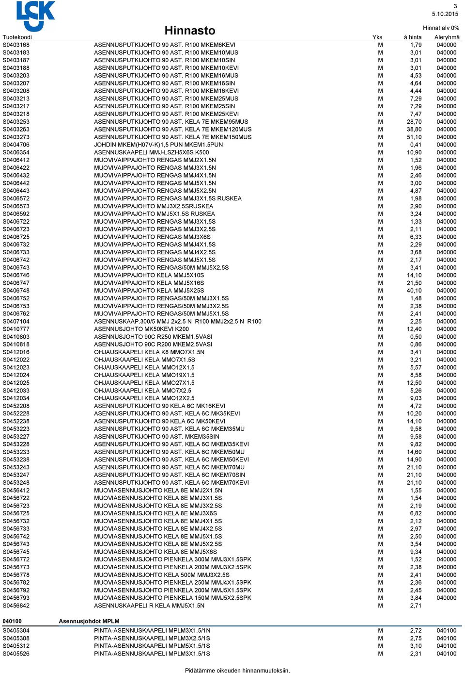 R100 KE16SIN 4,64 040000 S0403208 ASENNUSPUTKIJOHTO 90 AST. R100 KE16KEVI 4,44 040000 S0403213 ASENNUSPUTKIJOHTO 90 AST. R100 KE25US 7,29 040000 S0403217 ASENNUSPUTKIJOHTO 90 AST.