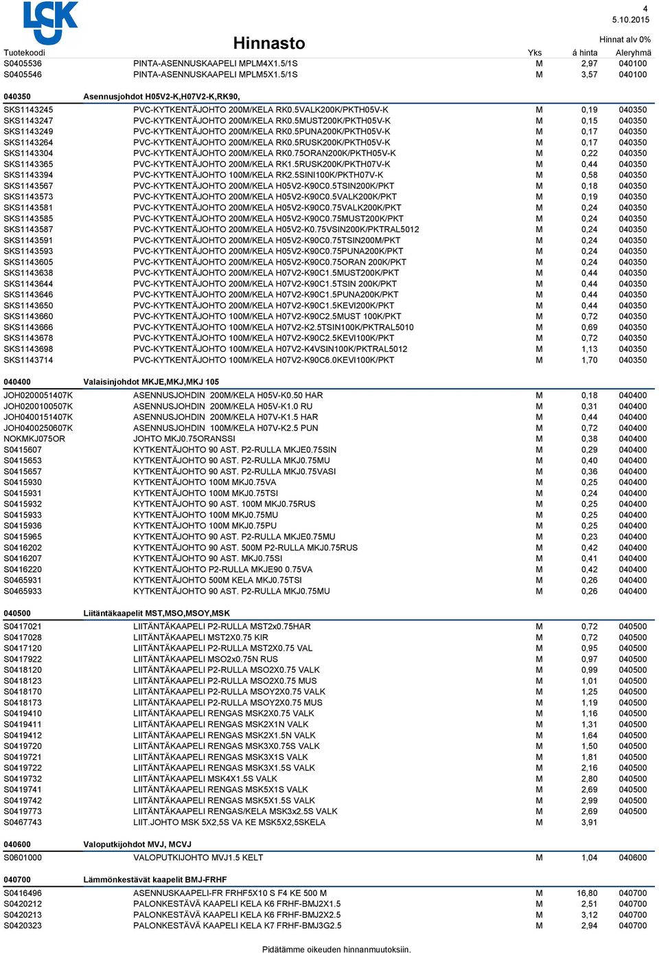 5PUNA200K/PKTH05V-K 0,17 040350 SKS1143264 PVC-KYTKENTÄJOHTO 200/KELA RK0.5RUSK200K/PKTH05V-K 0,17 040350 SKS1143304 PVC-KYTKENTÄJOHTO 200/KELA RK0.