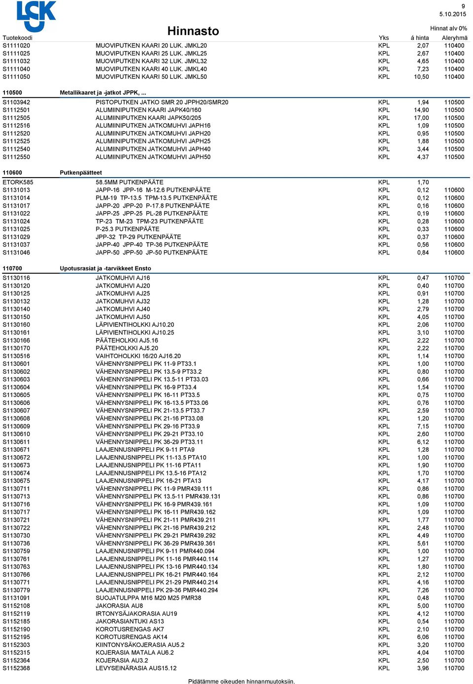 .. S1103942 PISTOPUTKEN JATKO SR 20 JPPH20/SR20 1,94 110500 S1112501 ALUIINIPUTKEN KAARI JAPK40/160 14,90 110500 S1112505 ALUIINIPUTKEN KAARI JAPK50/205 17,00 110500 S1112516 ALUIINIPUTKEN JATKOUHVI