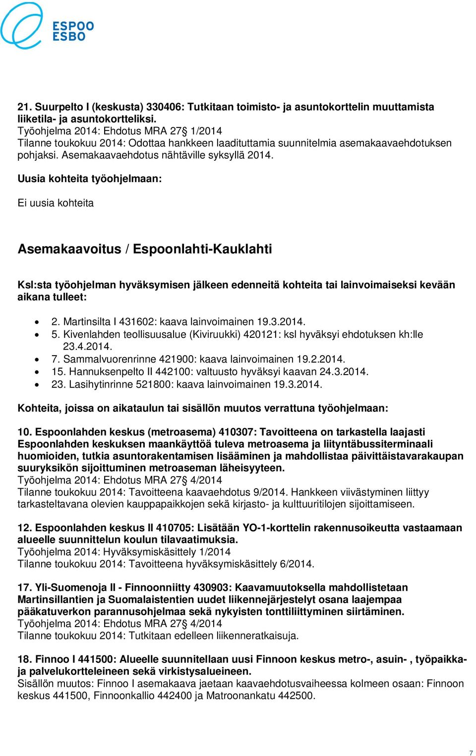 Uusia kohteita työohjelmaan: Ei uusia kohteita Asemakaavoitus / Espoonlahti-Kauklahti Ksl:sta työohjelman hyväksymisen jälkeen edenneitä kohteita tai lainvoimaiseksi kevään aikana tulleet: 2.