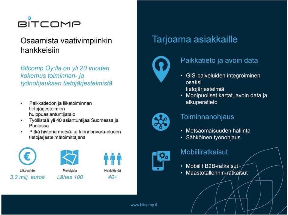 tietojärjestelmätoimittajana Tarjoama asiakkaille Paikkatieto ja avoin data GIS-palveluiden integroiminen osaksi tietojärjestelmiä Monipuoliset kartat, avoin data ja