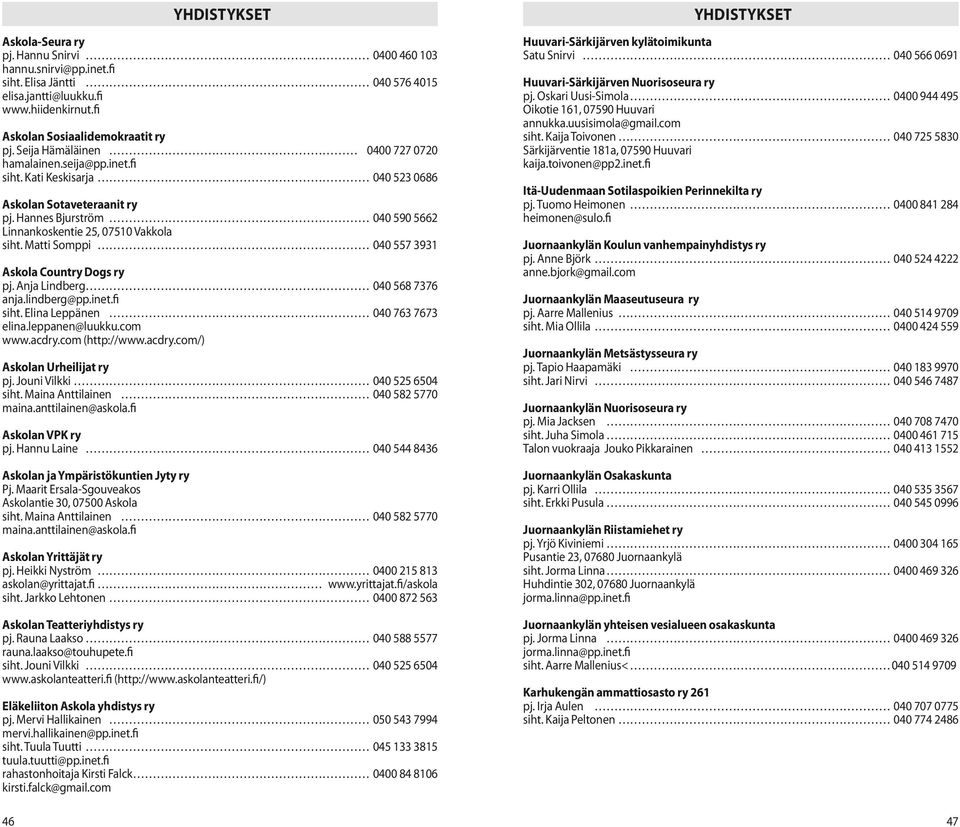 Kati Keskisarja 040 523 0686 Askolan Sotaveteraanit ry pj. Hannes Bjurström 040 590 5662 Linnankoskentie 25, siht. Matti Somppi 040 557 3931 Askola Country Dogs ry pj. Anja Lindberg 040 568 7376 anja.