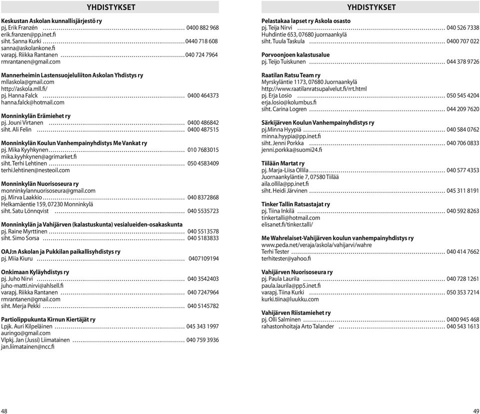 Tuula Taskula 0400 707 022 Mannerheimin Lastensuojeluliiton Askolan Yhdistys ry mllaskola@gmail.com http://askola.mll.fi/ pj. Hanna Falck 0400 464373 hanna.falck@hotmail.