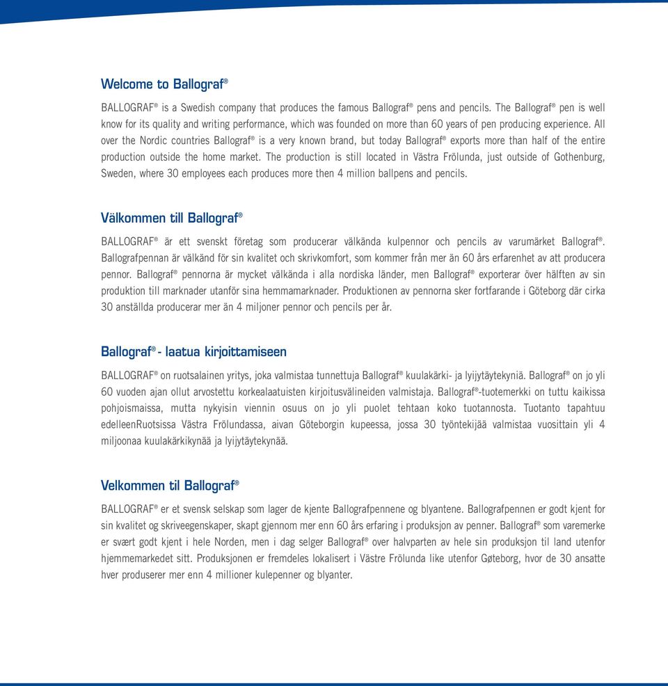 All over the Nordic countries Ballograf is a very known brand, but today Ballograf exports more than half of the entire production outside the home market.