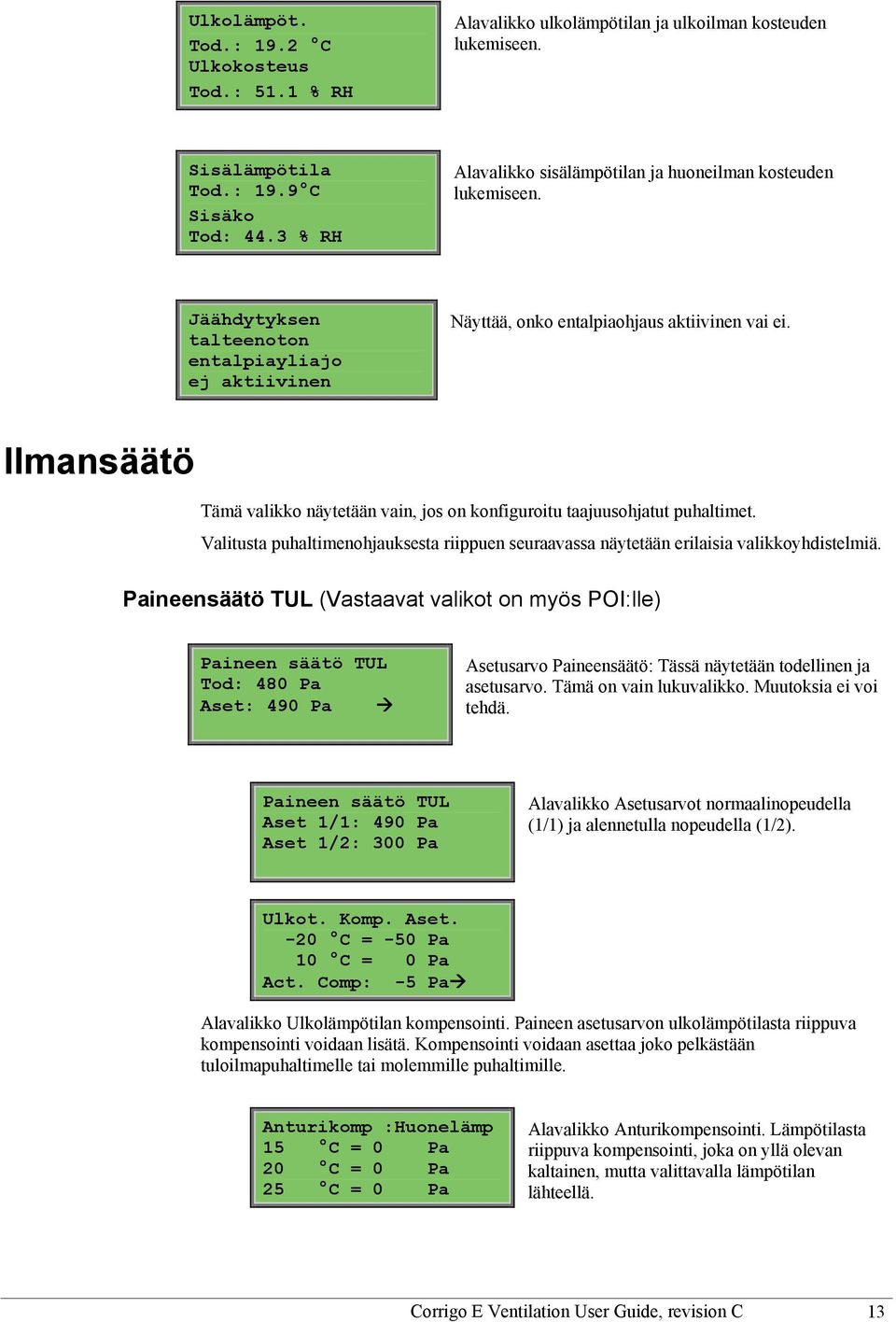 Ilmansäätö Tämä valikko näytetään vain, jos on konfiguroitu taajuusohjatut puhaltimet. Valitusta puhaltimenohjauksesta riippuen seuraavassa näytetään erilaisia valikkoyhdistelmiä.