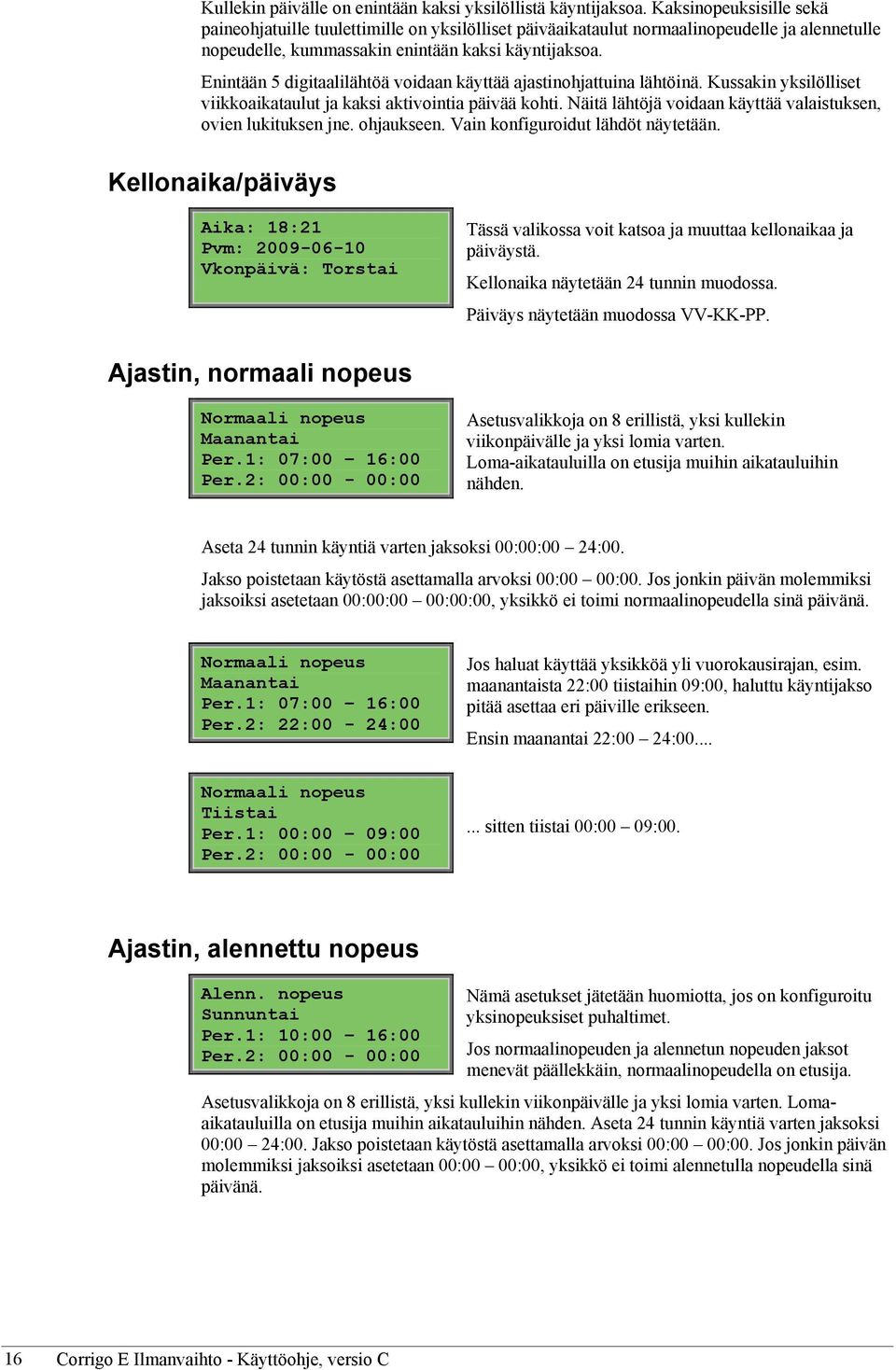 Enintään 5 digitaalilähtöä voidaan käyttää ajastinohjattuina lähtöinä. Kussakin yksilölliset viikkoaikataulut ja kaksi aktivointia päivää kohti.