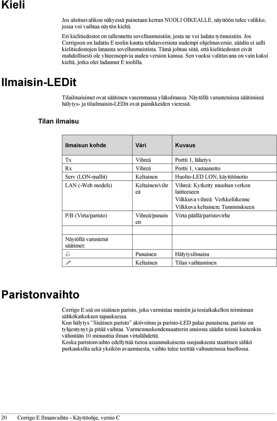 Jos Corrigoon on ladattu E toolin kautta tehdasversiota uudempi ohjelmaversio, säädin ei salli kielitiedostojen latausta sovellusmuistista.