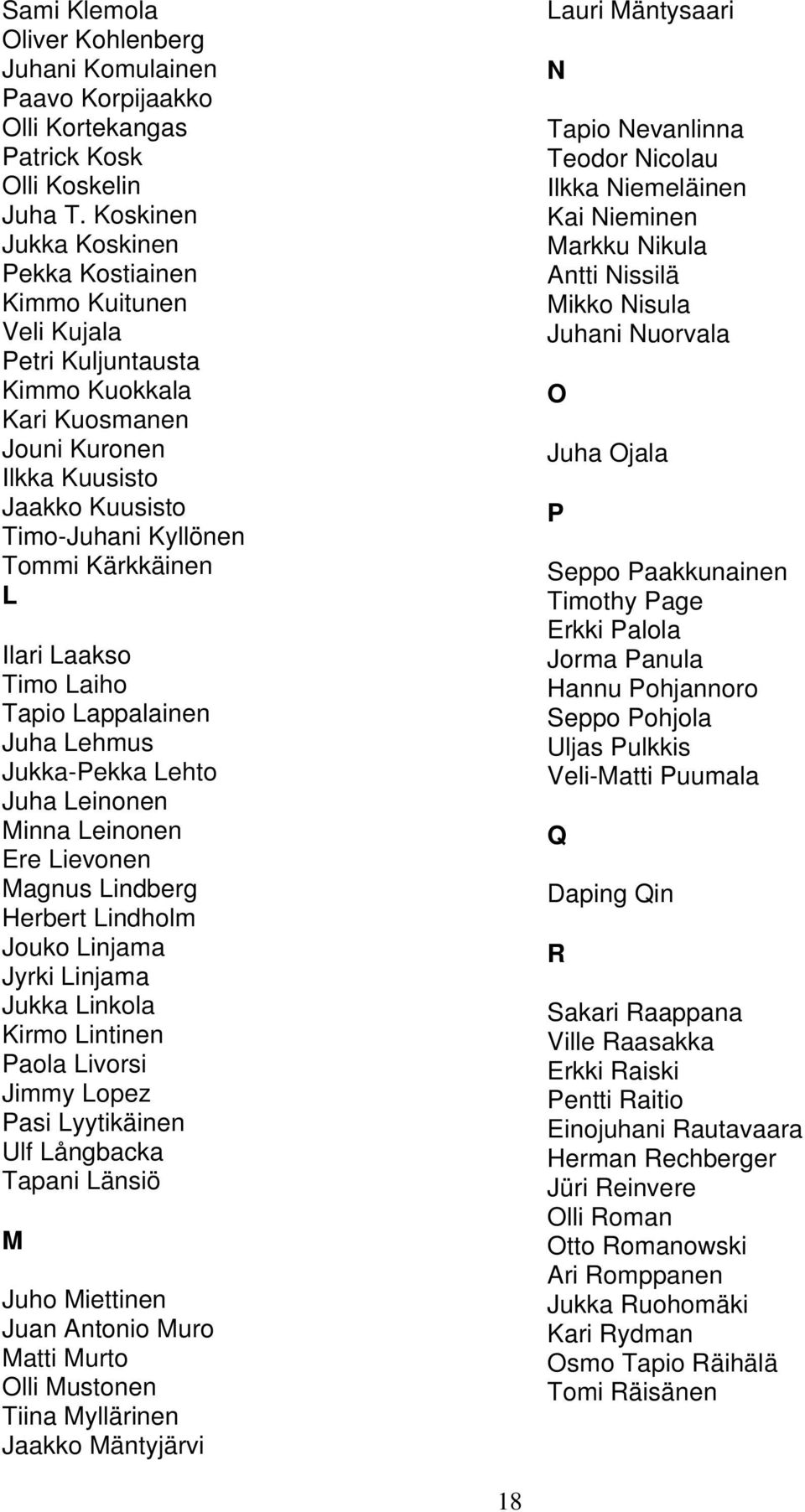 L Ilari Laakso Timo Laiho Tapio Lappalainen Juha Lehmus Jukka-Pekka Lehto Juha Leinonen Minna Leinonen Ere Lievonen Magnus Lindberg Herbert Lindholm Jouko Linjama Jyrki Linjama Jukka Linkola Kirmo