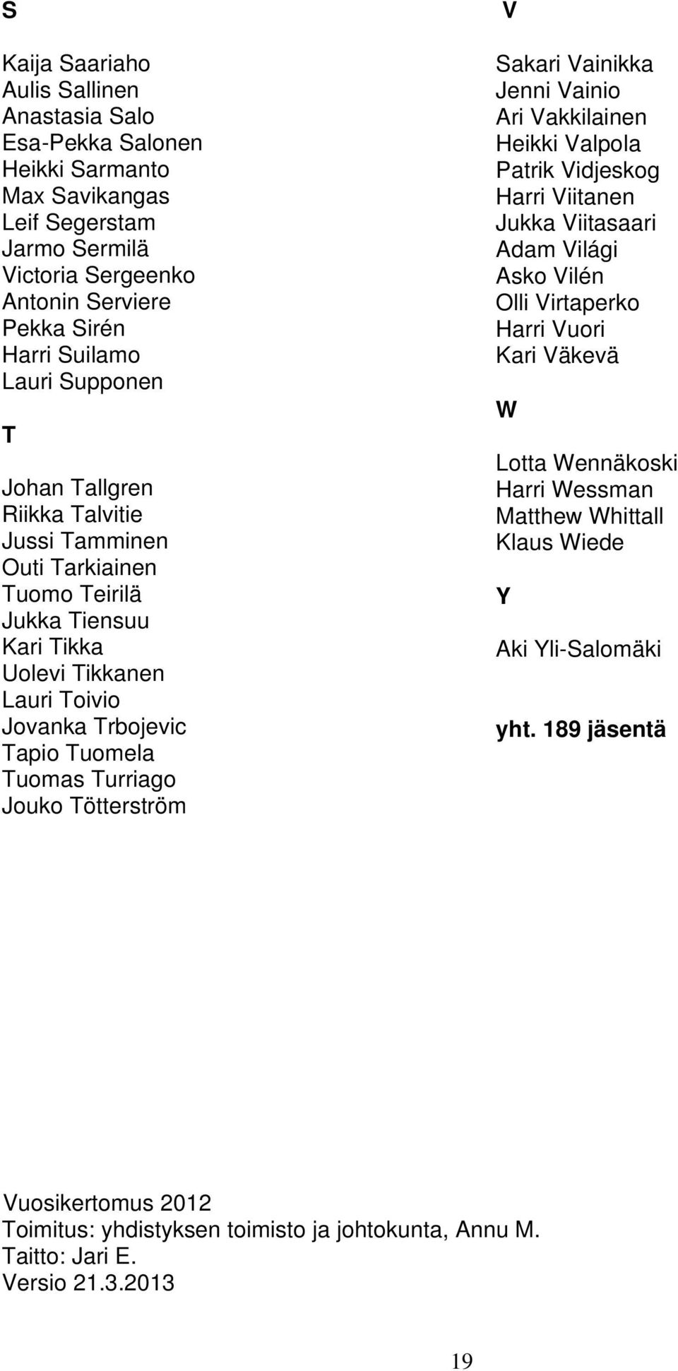 Tötterström V Sakari Vainikka Jenni Vainio Ari Vakkilainen Heikki Valpola Patrik Vidjeskog Harri Viitanen Jukka Viitasaari Adam Világi Asko Vilén Olli Virtaperko Harri Vuori Kari Väkevä W Lotta