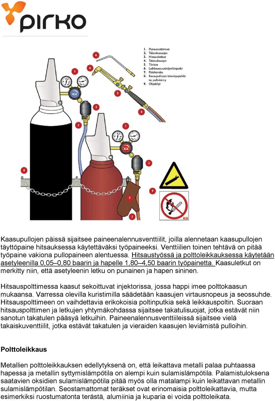 Kaasuletkut on merkitty niin, että asetyleenin letku on punainen ja hapen sininen. Hitsauspolttimessa kaasut sekoittuvat injektorissa, jossa happi imee polttokaasun mukaansa.