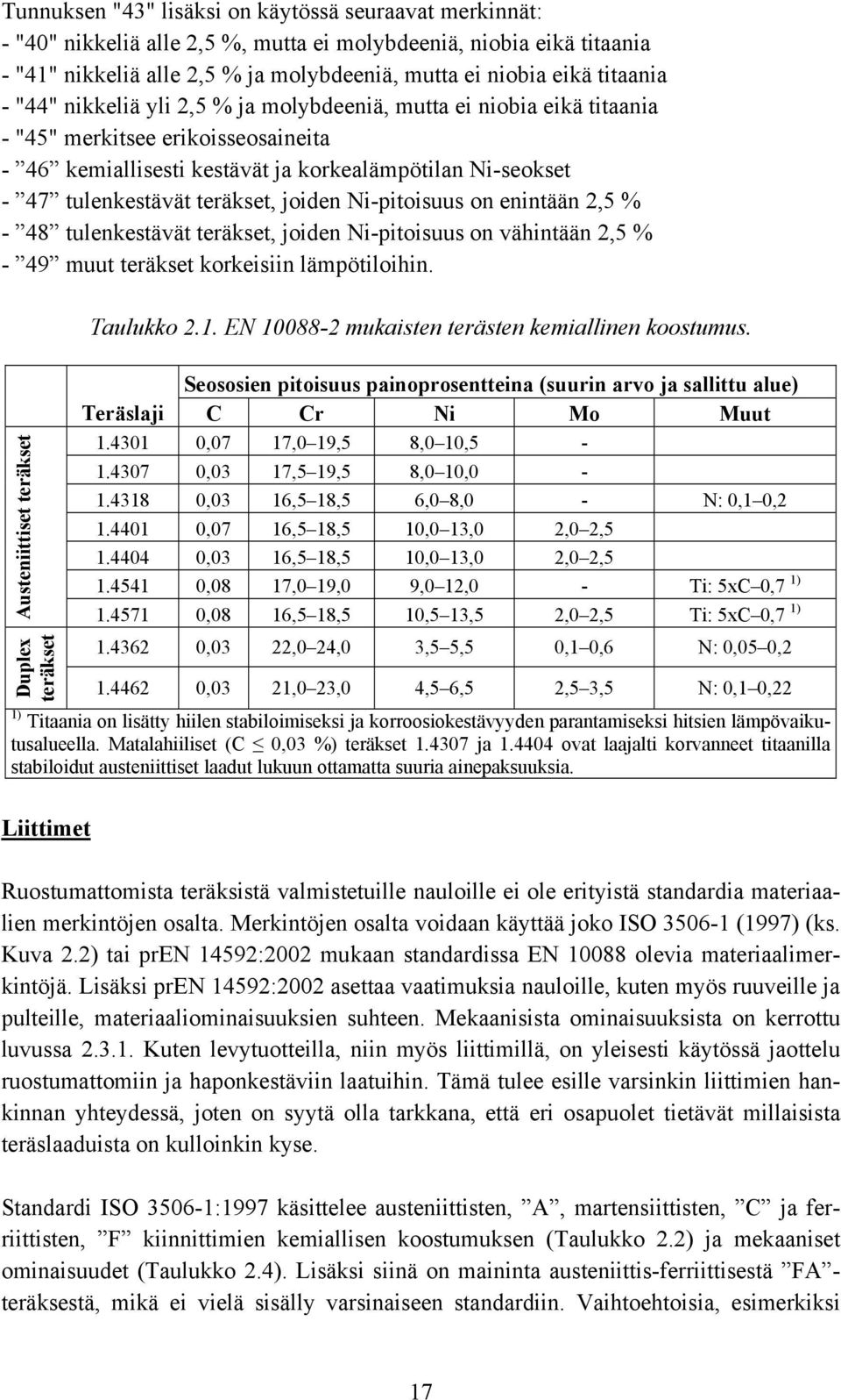 joiden Ni-pitoisuus on enintään 2,5 % - 48 tulenkestävät teräkset, joiden Ni-pitoisuus on vähintään 2,5 % - 49 muut teräkset korkeisiin lämpötiloihin. Taulukko 2.1.